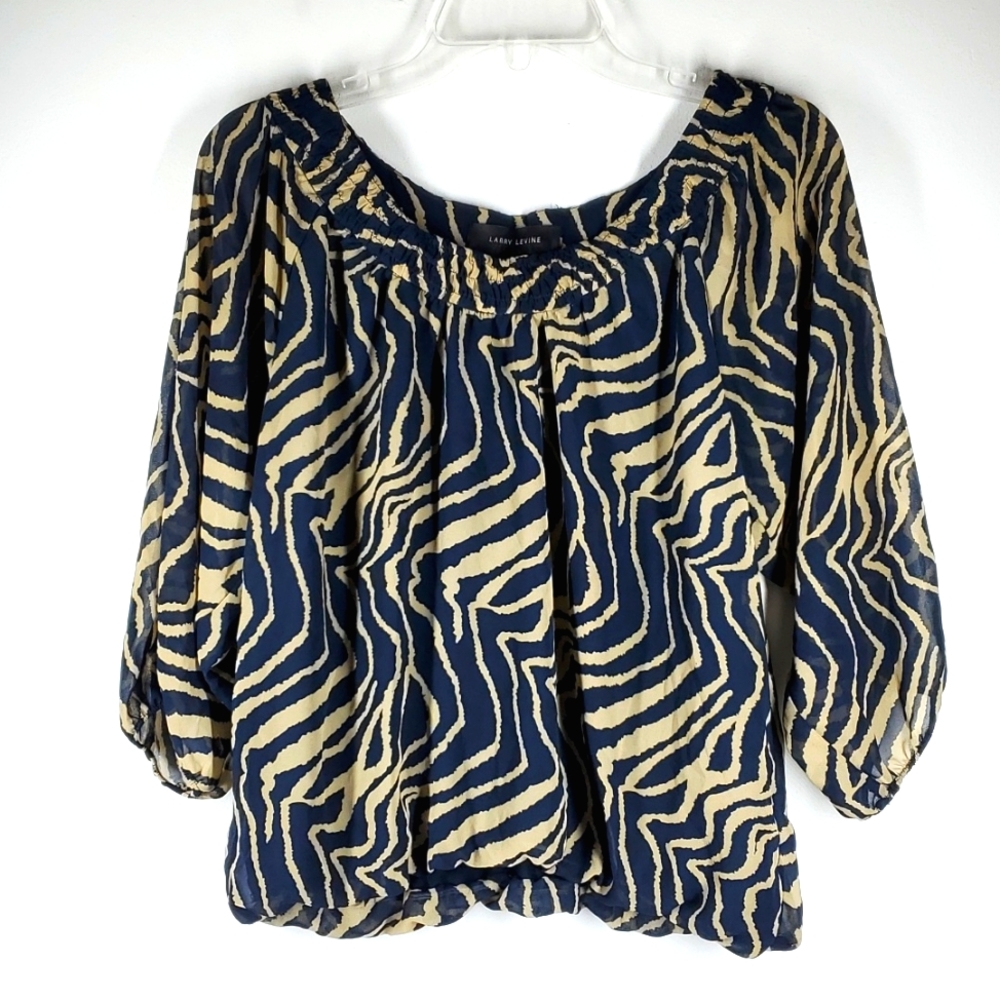 Larry Levine Navy and Tan Zebra Sheer Top S NWOT